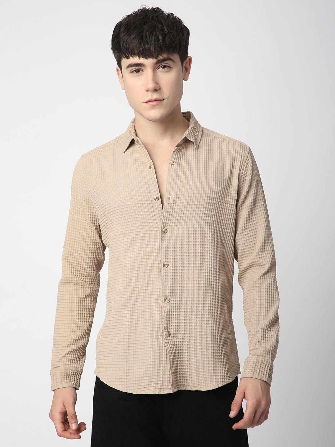 Beige Tiny Box Checkered Emboss Shirt