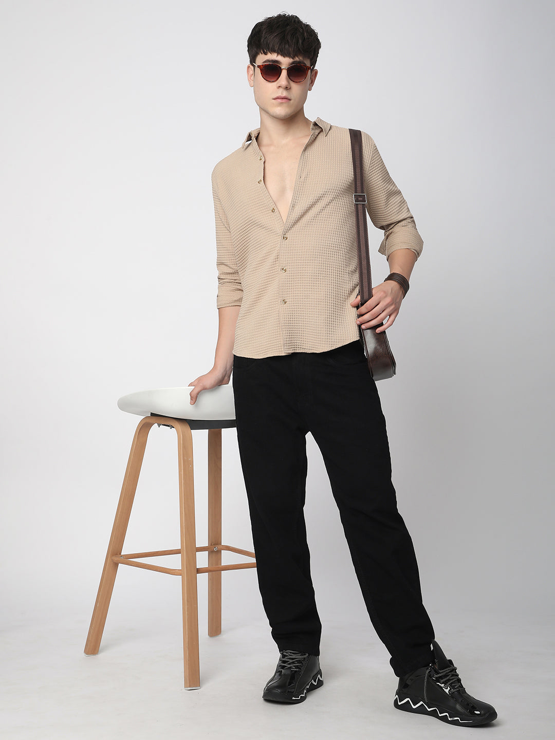 Beige Tiny Box Checkered Emboss Shirt