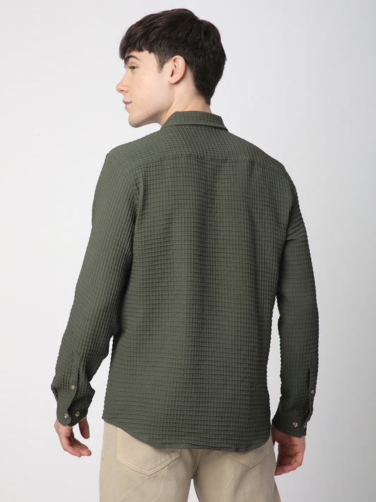 Olive Tiny Box Checks Emboss Textured Shirt