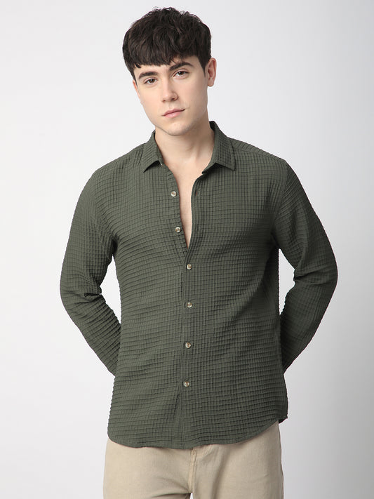 Olive Tiny Box Checks Emboss Textured Shirt