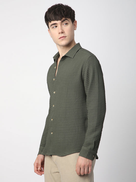 Olive Tiny Box Checks Emboss Textured Shirt