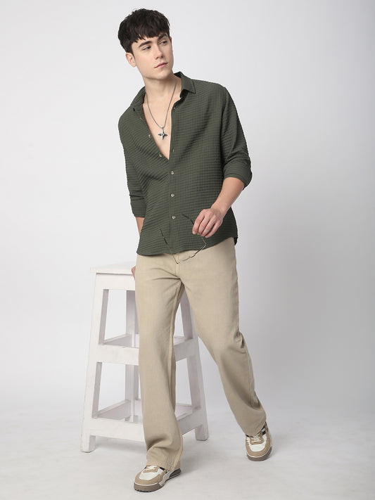 Olive Tiny Box Checks Emboss Textured Shirt