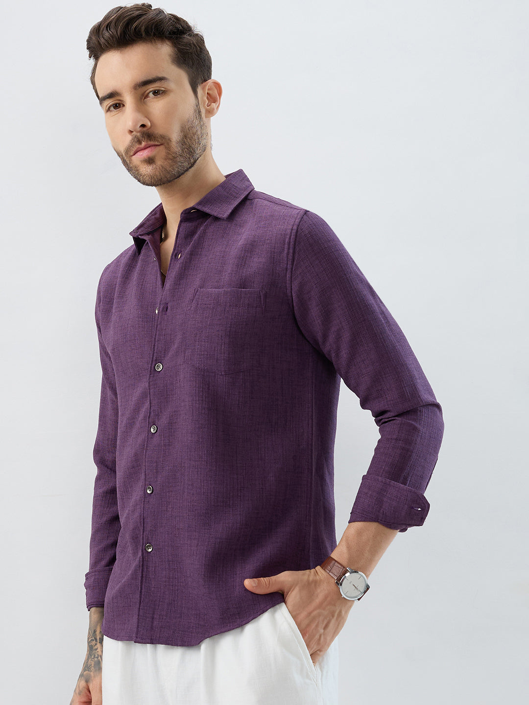 Opulent Dark Wine Slub Textured Shirt