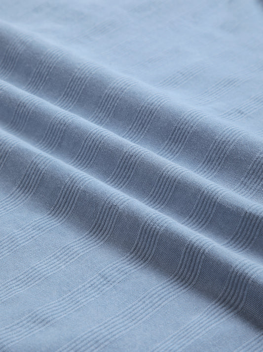 Azure Blue Denim Vertical Stripes Boxy Crop Shirt