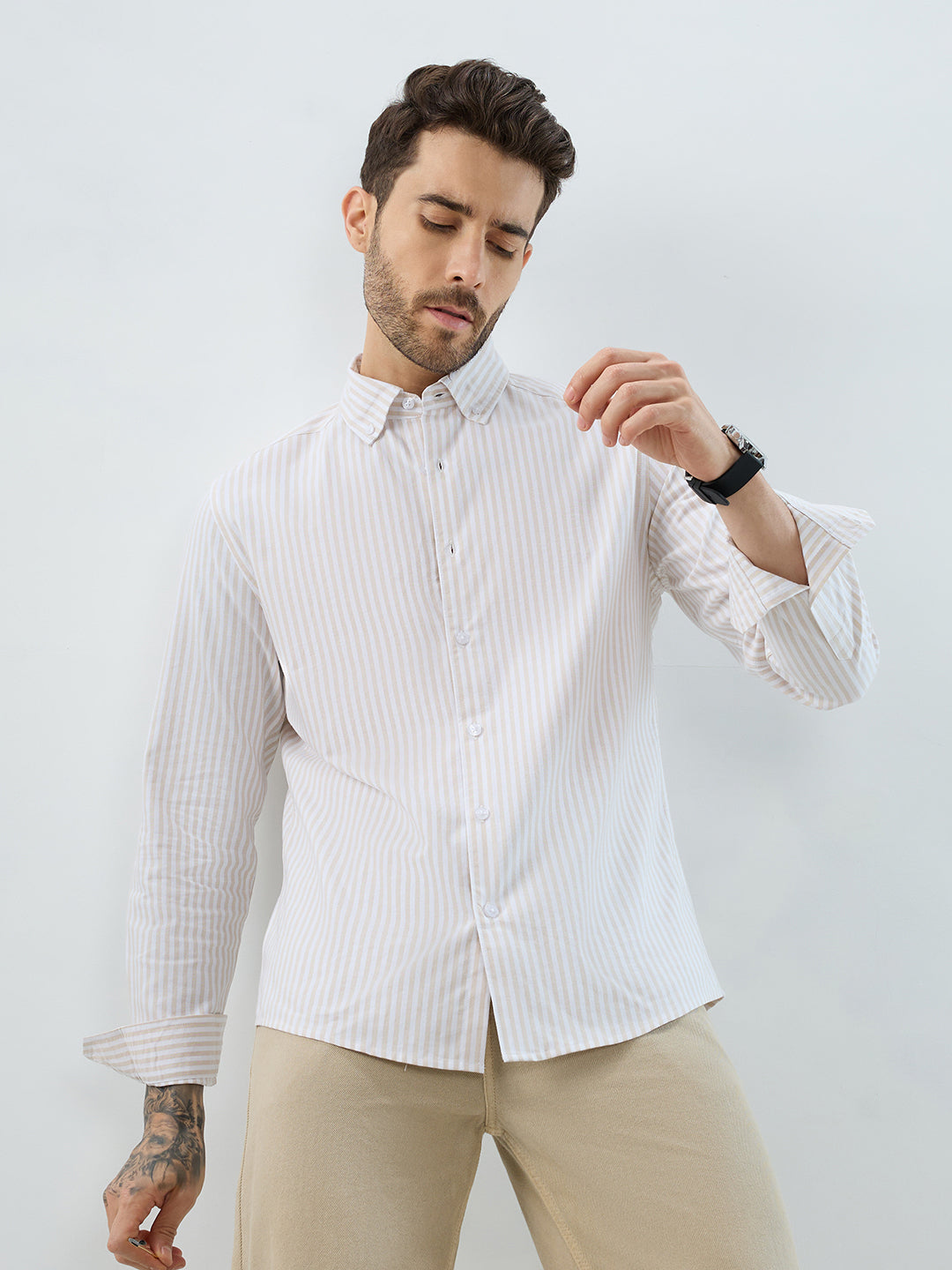 Natural Beige Candy Striped Oxford Button-Down Business Shirt