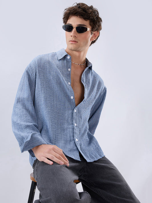 Slate Blue Textured Boxy Fit Crop Shirt