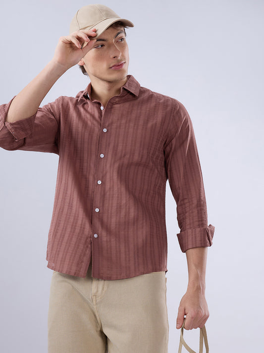 Cinnamon Brown Textured Striped Shirt