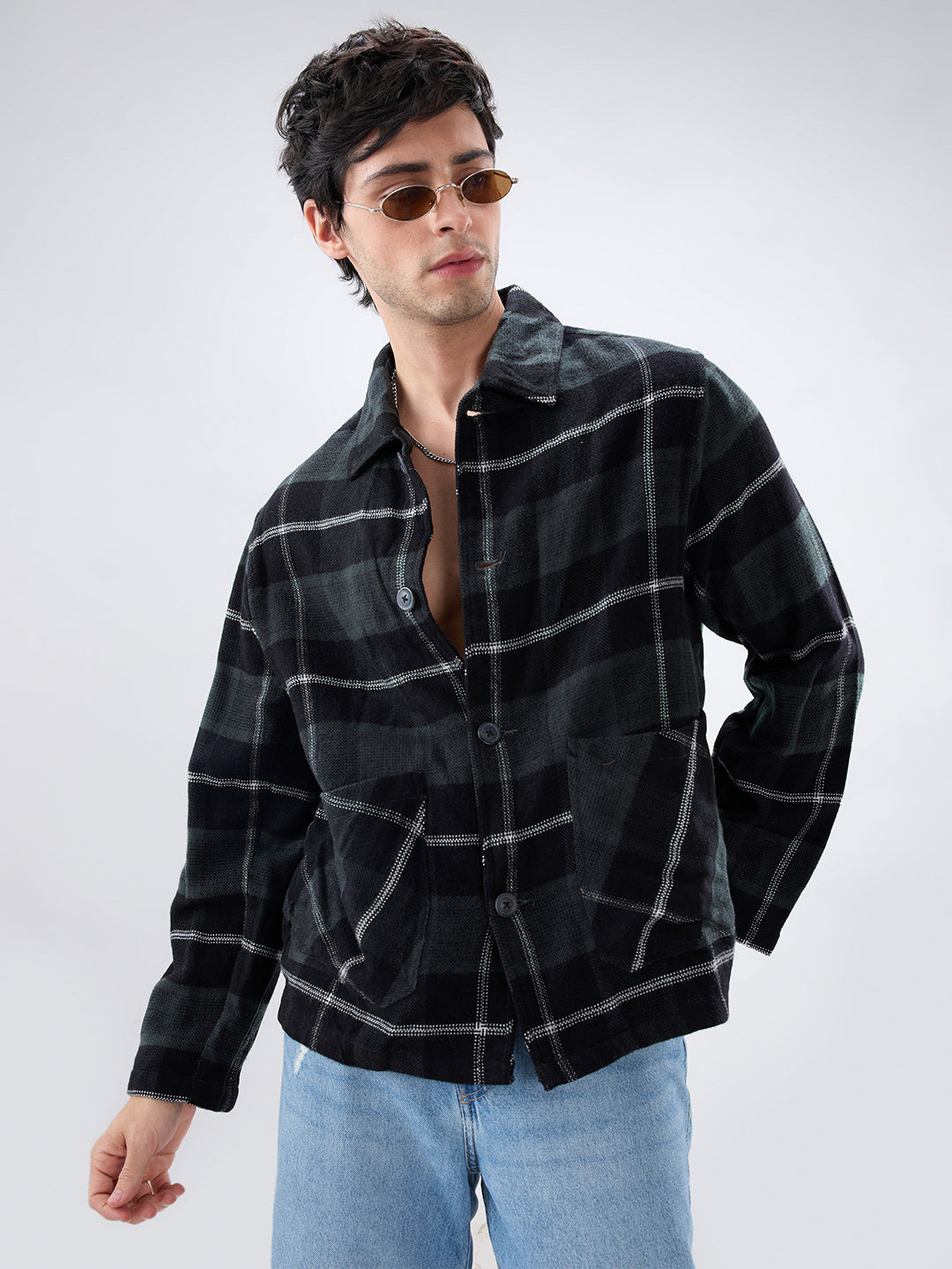 Black Flannel Plaid Checks Oversized Double Pocket Cropped Shacket