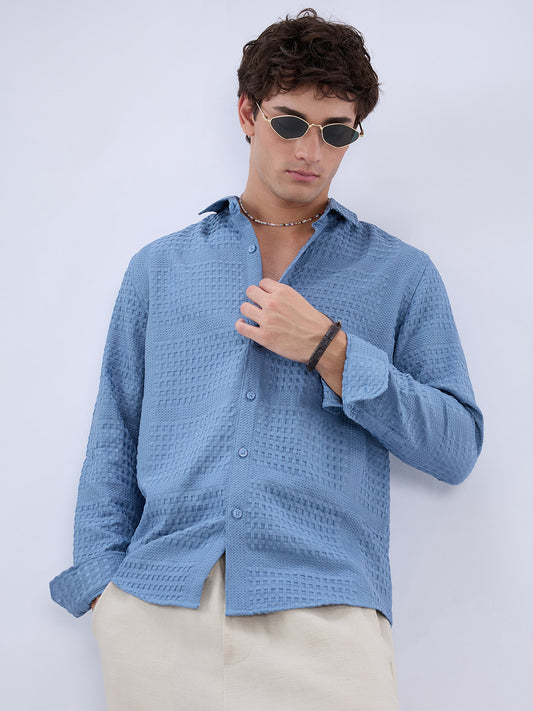Intricate Columbia Blue Raised Motif Textured Shirt