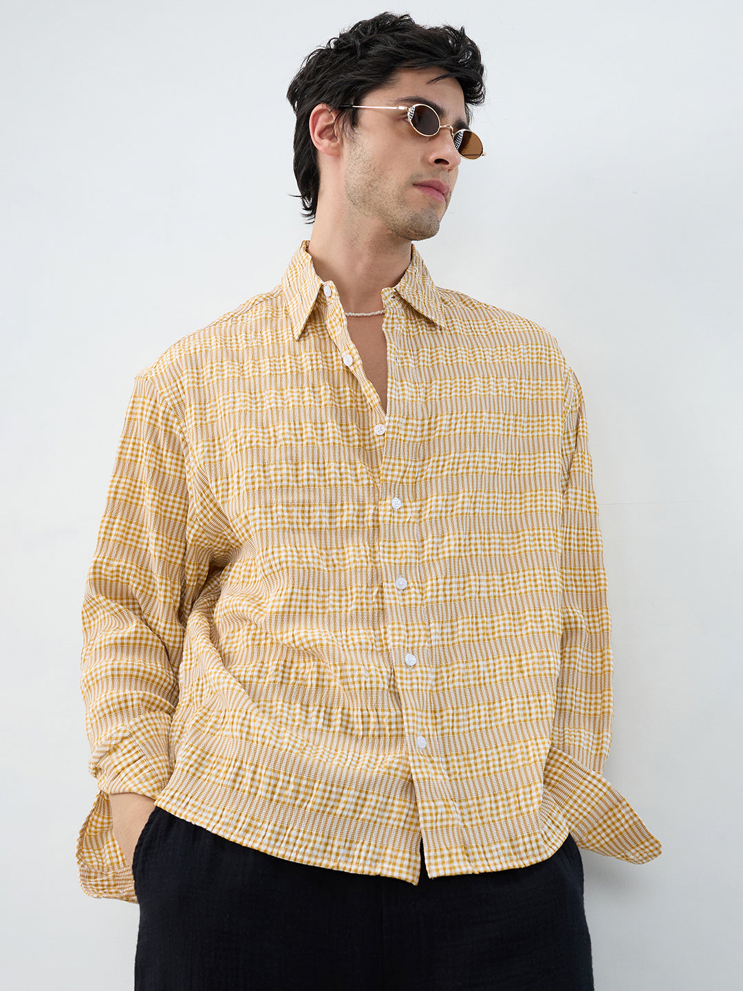 Mustard & White Seersucker Gingham Checks Boxy Fit Crop Shirt