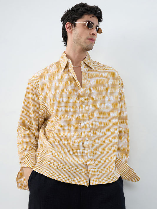 Mustard & White Seersucker Gingham Checks Boxy Fit Crop Shirt