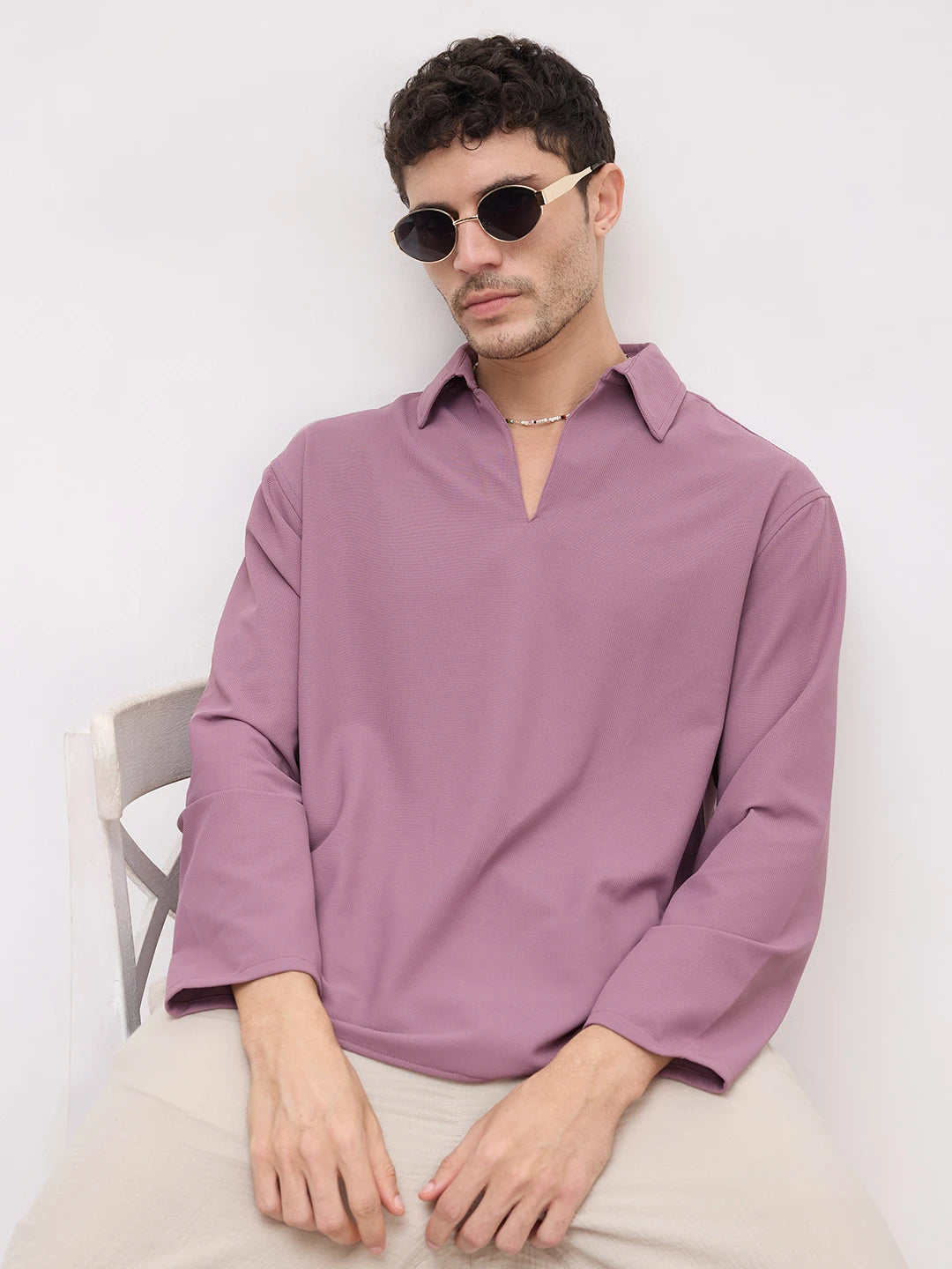 Elegant Grape Purple Oversized Polo Tencel Knit Shirt
