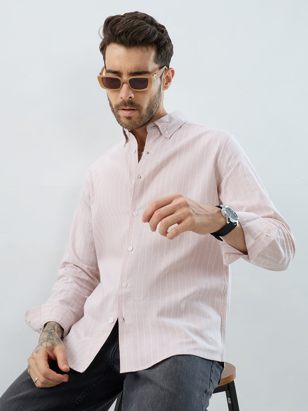 Sharp Beige Refined Pinstripe Oxford Button-Down Business Shirt