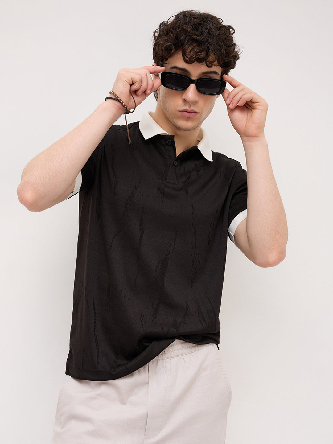 Intricate Black Textured Contrast Polo Knit T-Shirt