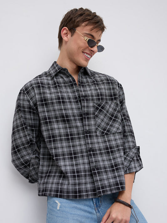 Eclipse Grid Fine Checks Cuffless Oversized Crop Shirt