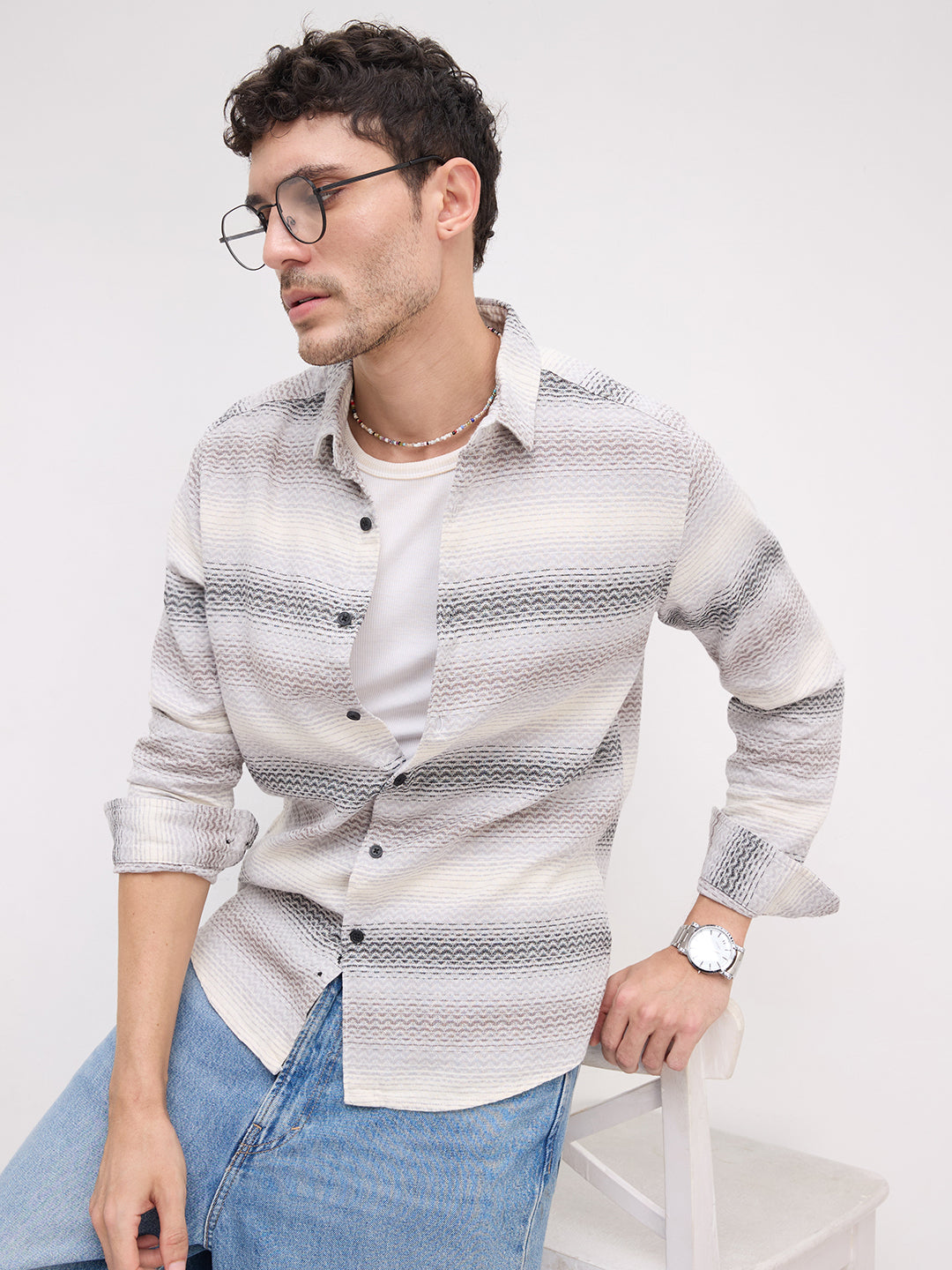 Grey Jacquard Wave Pattern Striped Shirt