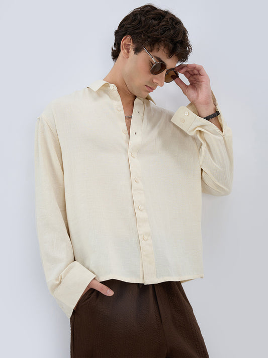Cream Breeze Minimal Textured Boxy Fit Crop Shirt