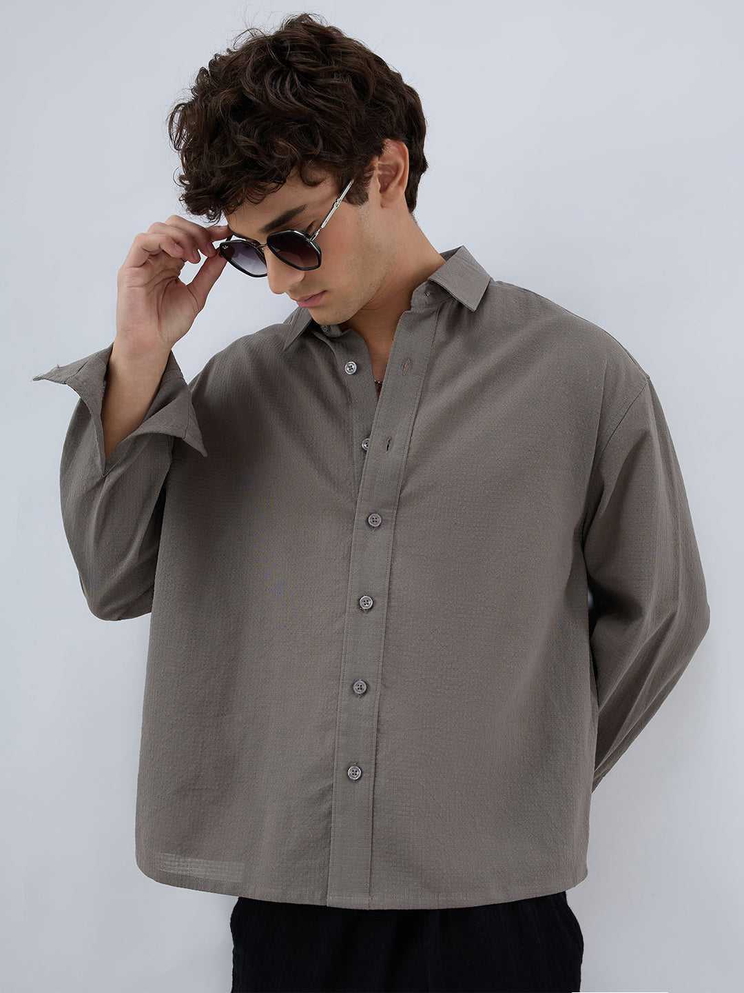 Ash Grey Micro Checked Weave Boxy Fit Crop Shirt