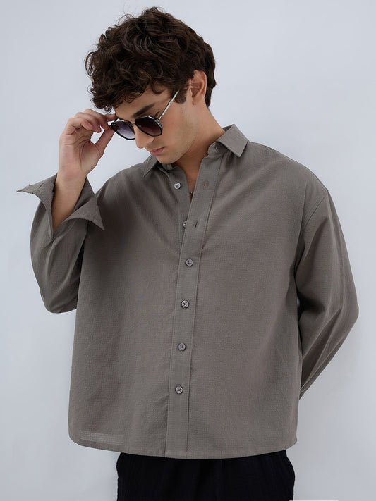 Ash Grey Micro Checked Weave Boxy Fit Crop Shirt