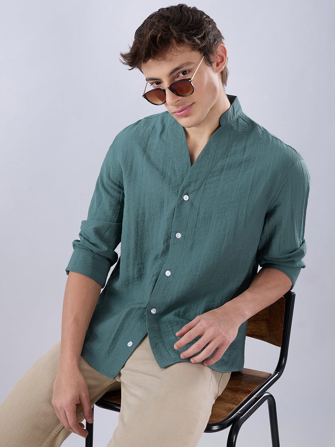 Sage Green Stand Collar Oversized Shirt