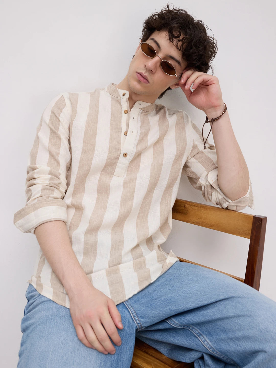 Beige & Ivory Striped Jacquard Kurta