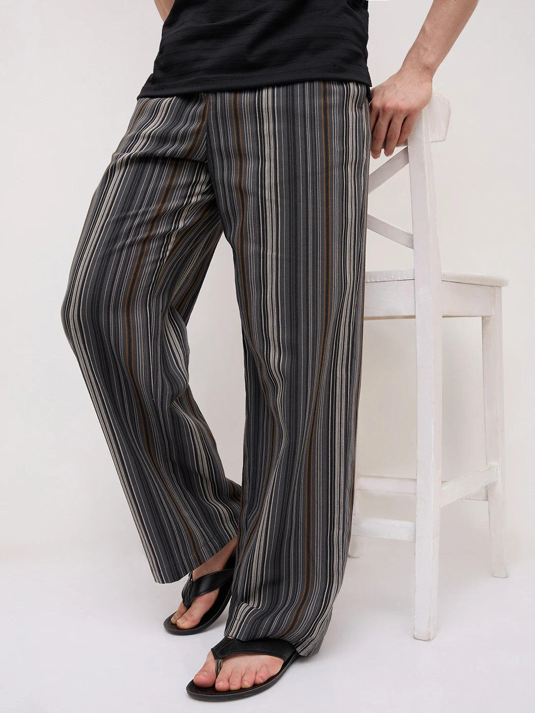 Graphite Grey Multi- Striped Wide Leg Trousers