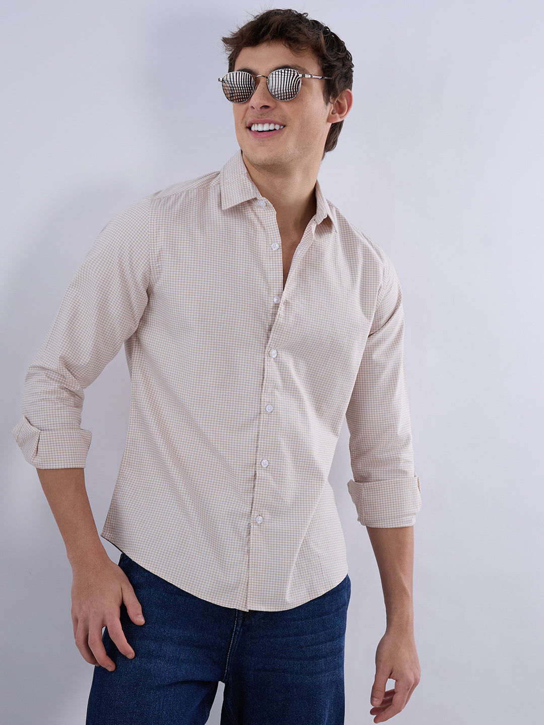 Warm Beige Micro Gingham Checks Oxford Shirt