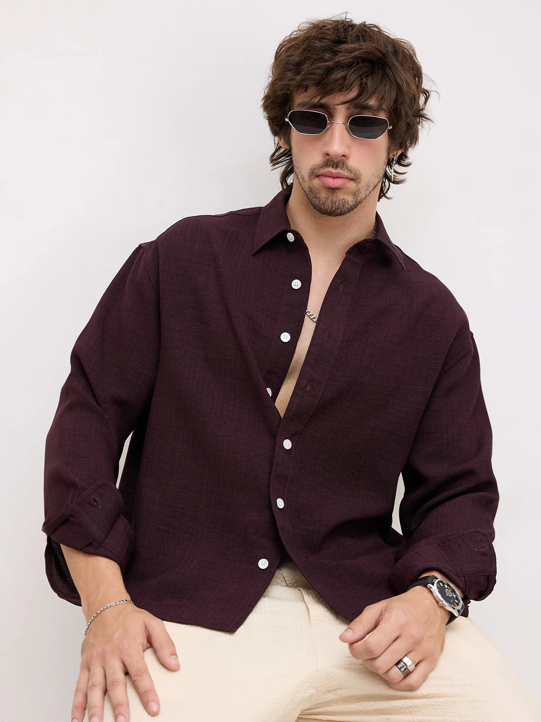 Opulent Wine Fine Textured Boxy Fit Crop Shirt