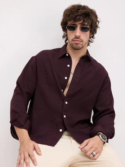 Opulent Wine Fine Textured Boxy Fit Crop Shirt