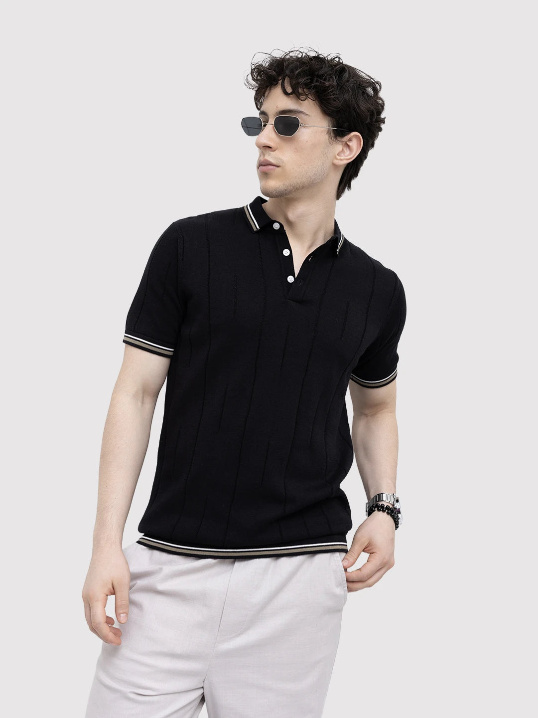 Black Ribline Contrast Polo Knit T-Shirt
