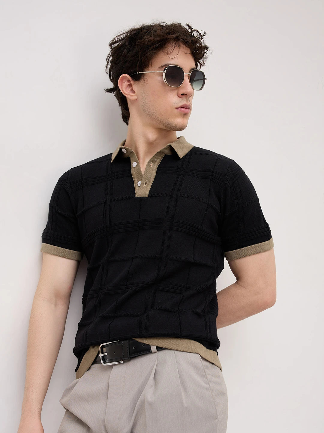 Black Windowpane Textured Contrast Polo Flat Knit T-Shirt