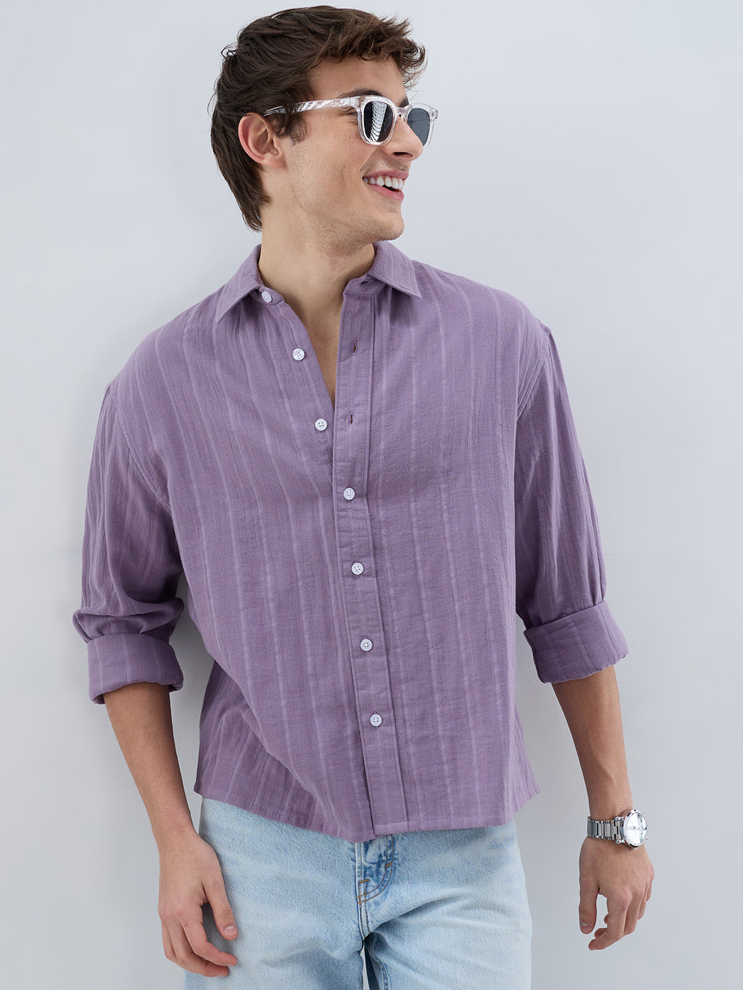 Chinese Violet Double Cloth Striped Boxy Fit Crop Shirt