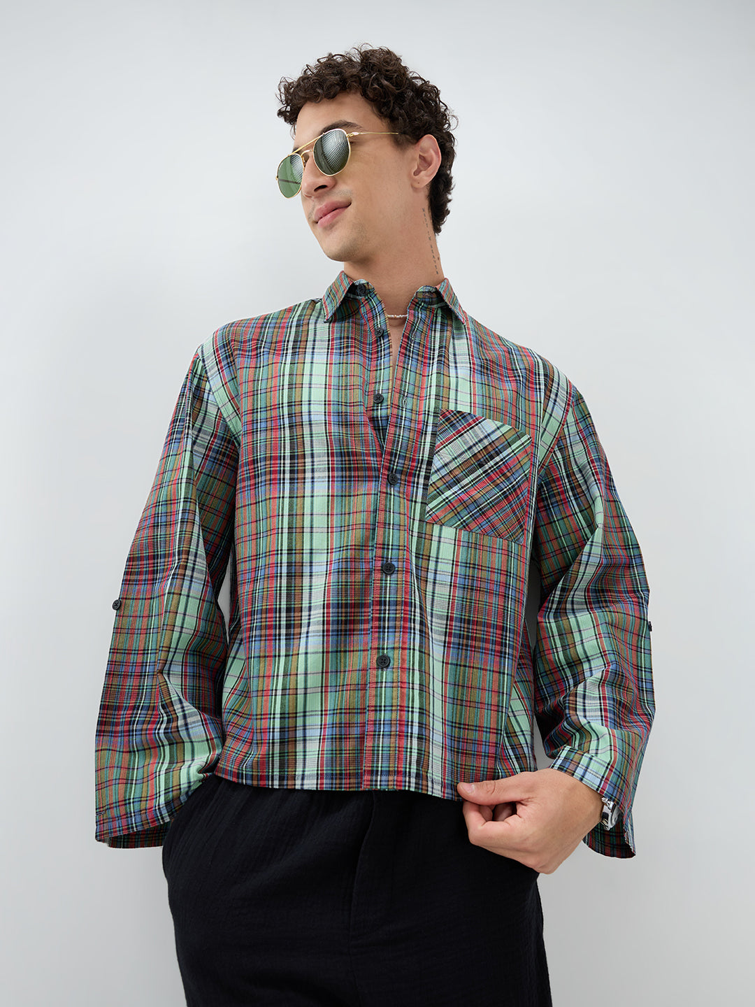 Evergreen Multi Stripe Fusion Checks Cuffless Oversized Crop Shirt
