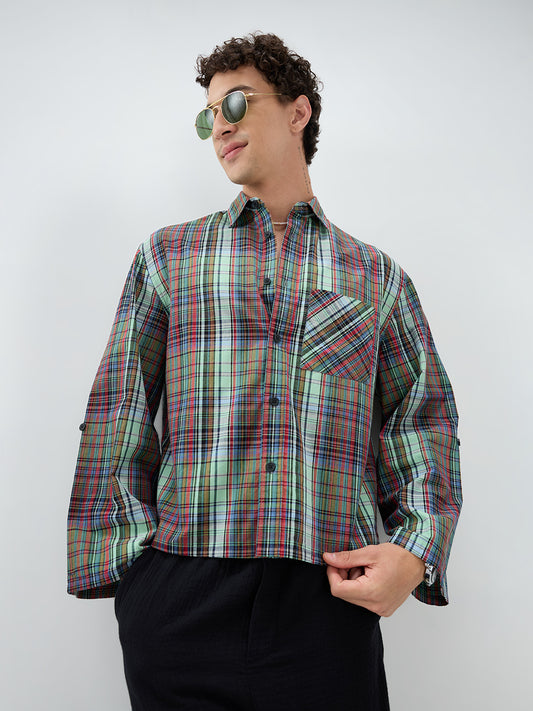 Evergreen Multi Stripe Fusion Checks Cuffless Oversized Crop Shirt