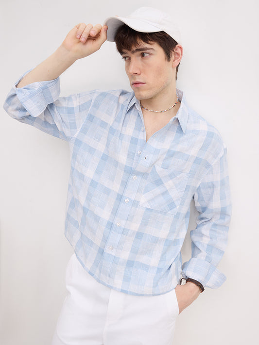 Arctic Blue Square Embossed Boxy Fit Crop Shirt