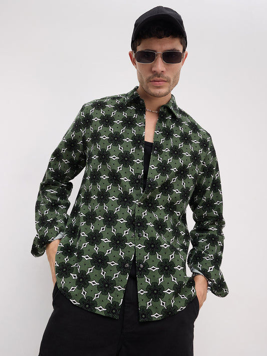 Emerald Green Floral Bloom Corduroy Shirt