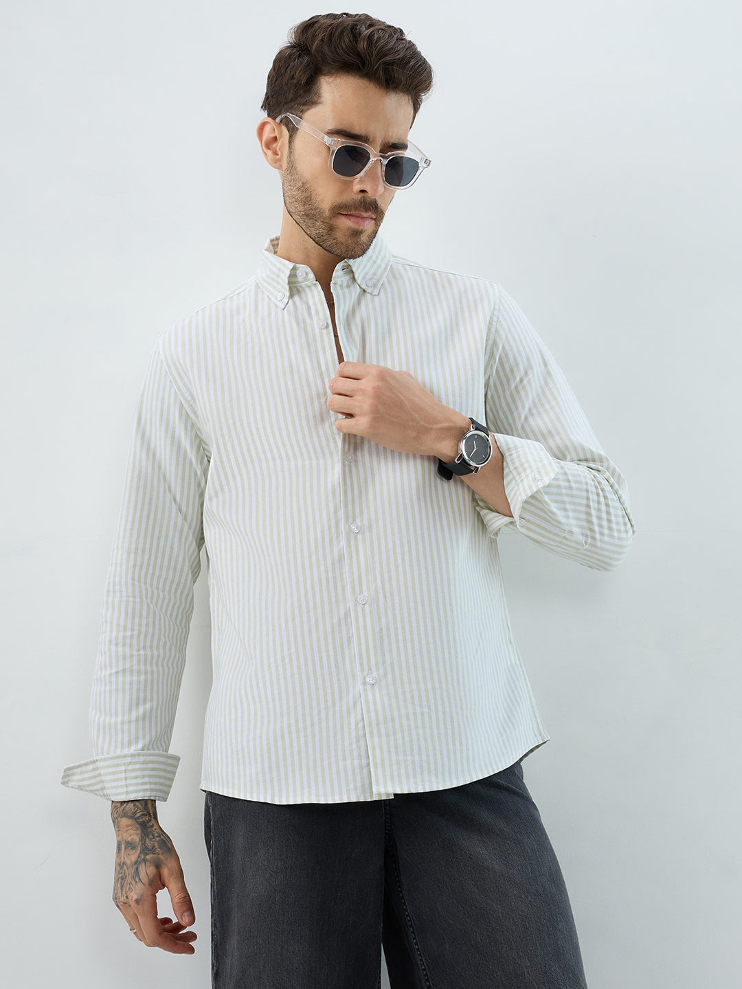 Green & White Candy Striped Oxford Button-Down Business Shirt