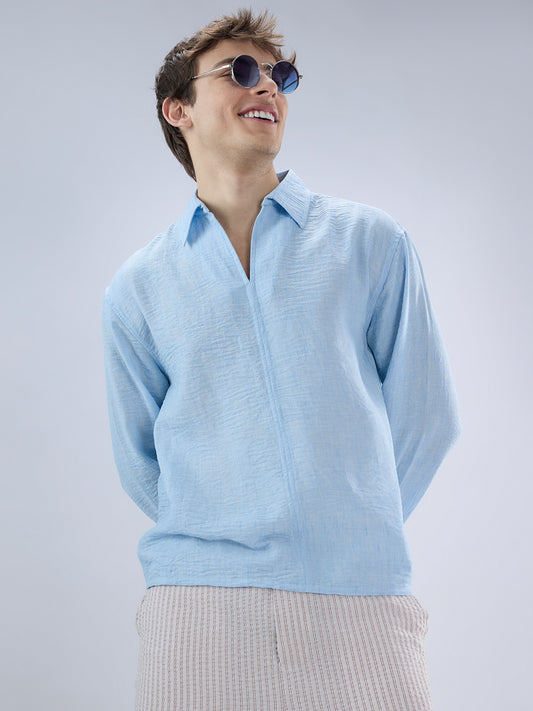Sky Blue Crinkled Center Seam Oversized Polo Shirt