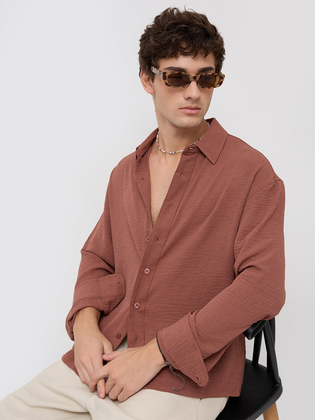 Russet Brown Crinkled Boxy Fit Crop Shirt