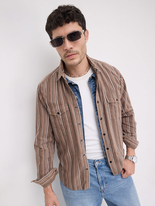 Rustic Bark Brown Multi-Stripe Twin Pocket Corduroy Shirt