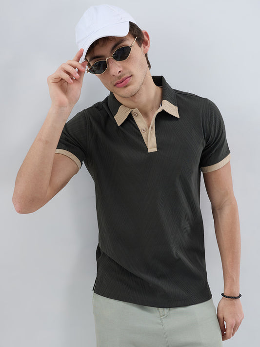 Deep Olive Contrast Polo Neck T-shirt