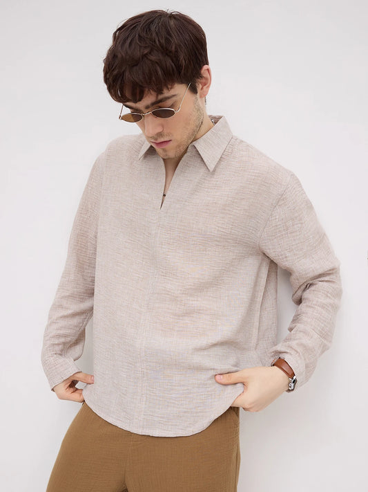 Elegant Sand Beige Textured Oversized Polo Shirt