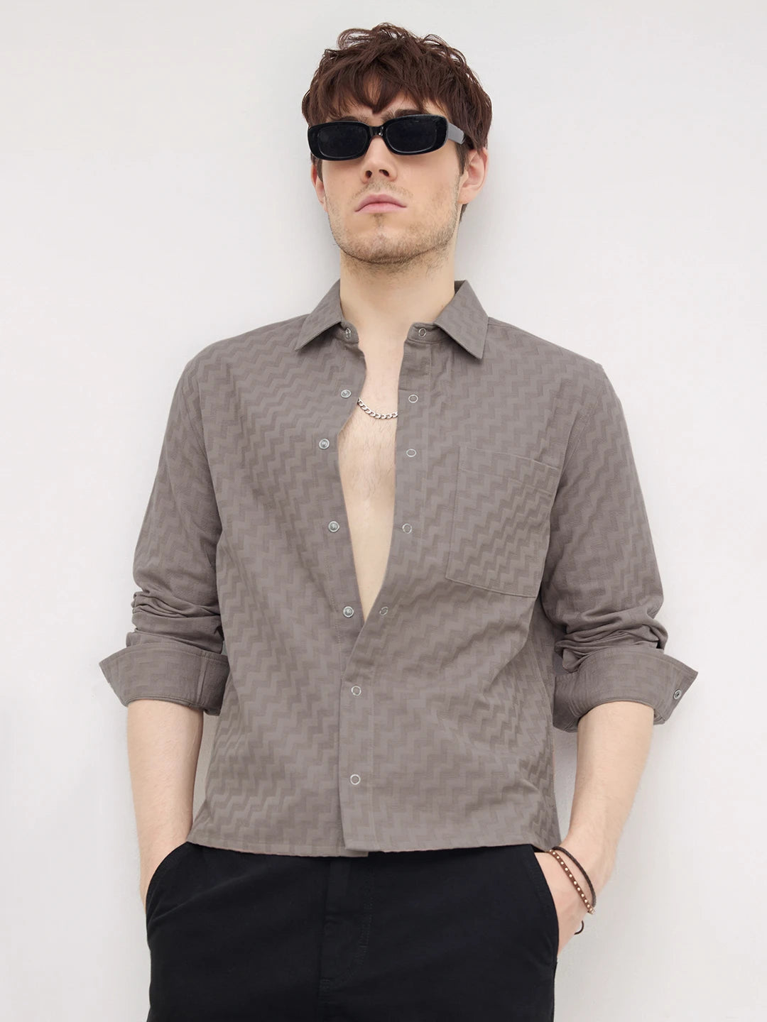 Distinctive Grey Maze Textured Straight Hem Crop Shirt