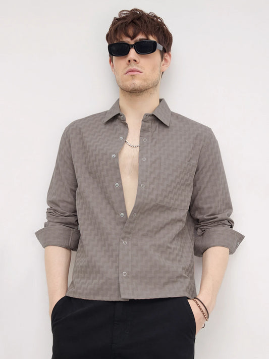Distinctive Grey Maze Textured Straight Hem Crop Shirt