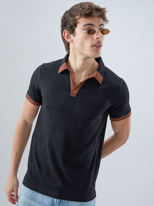 Matte Black Contrast Polo Neck Knit T-shirt