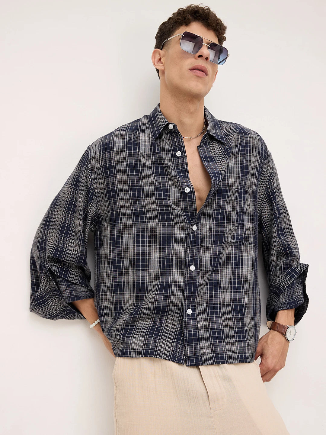 Sovereign Midnight Navy Contrast Checks Cuffless Oversized Crop Shirt