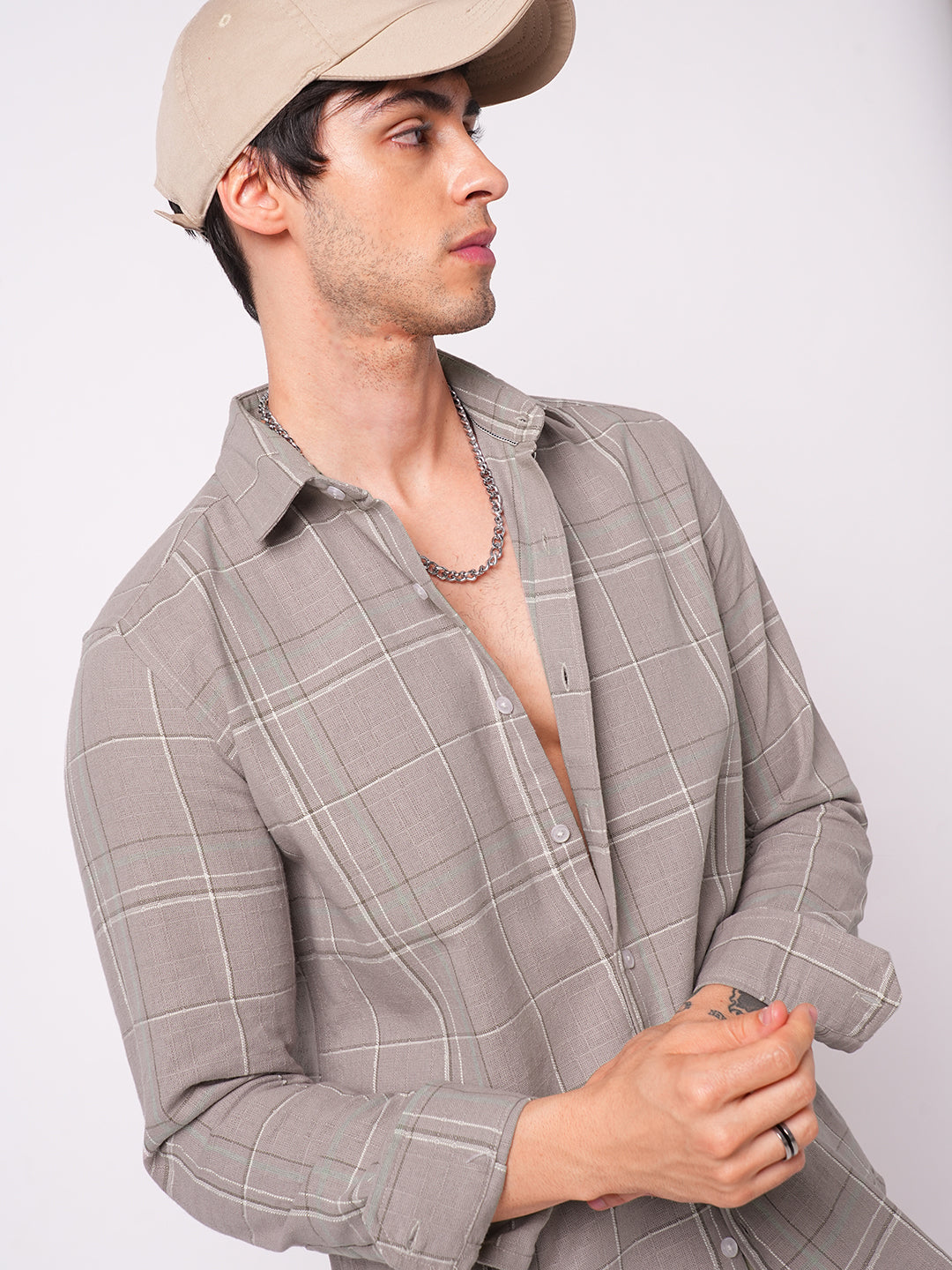 Elegant Taupe Brown Windowpane Checks Shirt