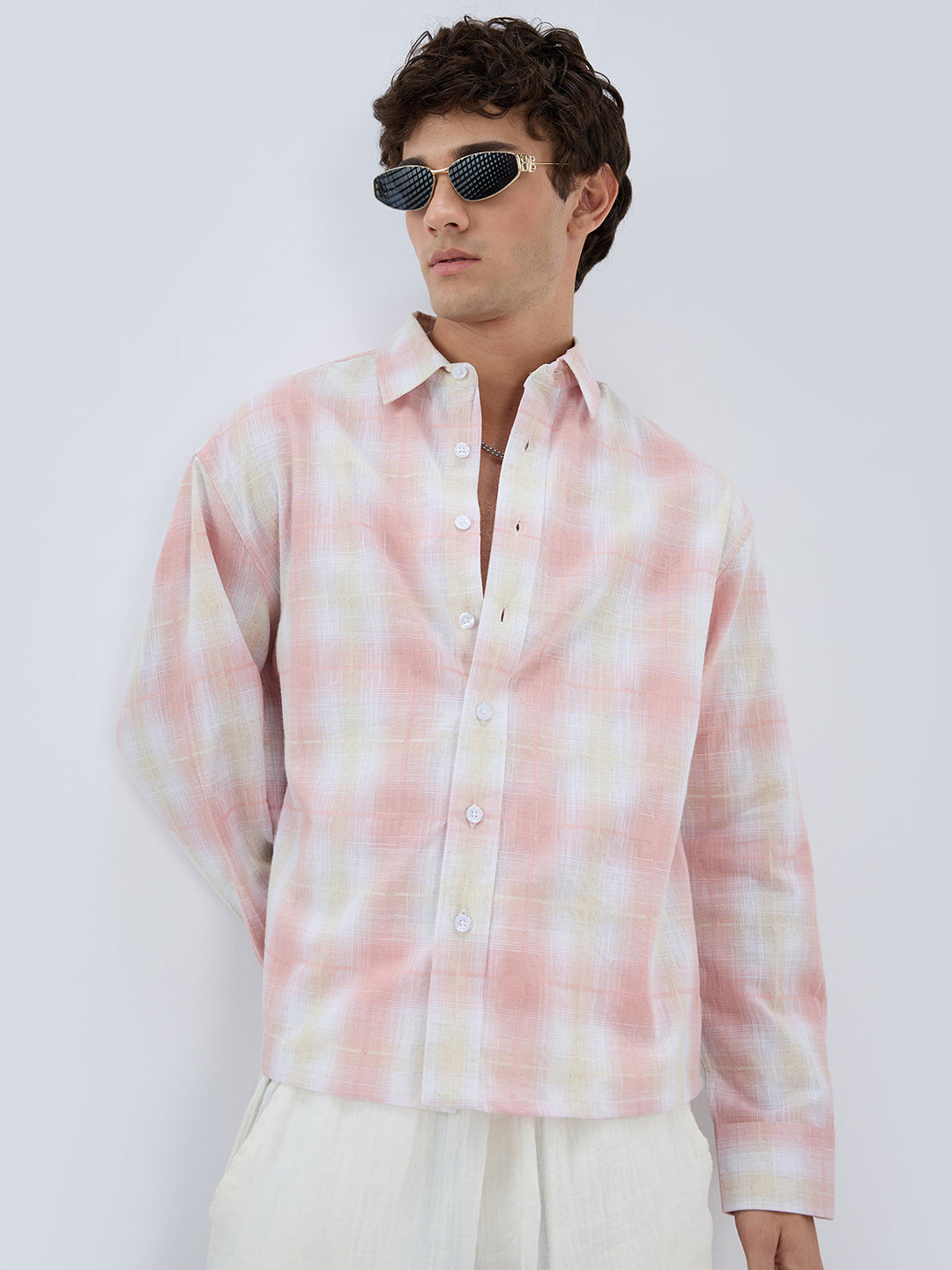 Peachy Pink Textured Checks Weave Linen Blend Boxy Fit Crop Shirt
