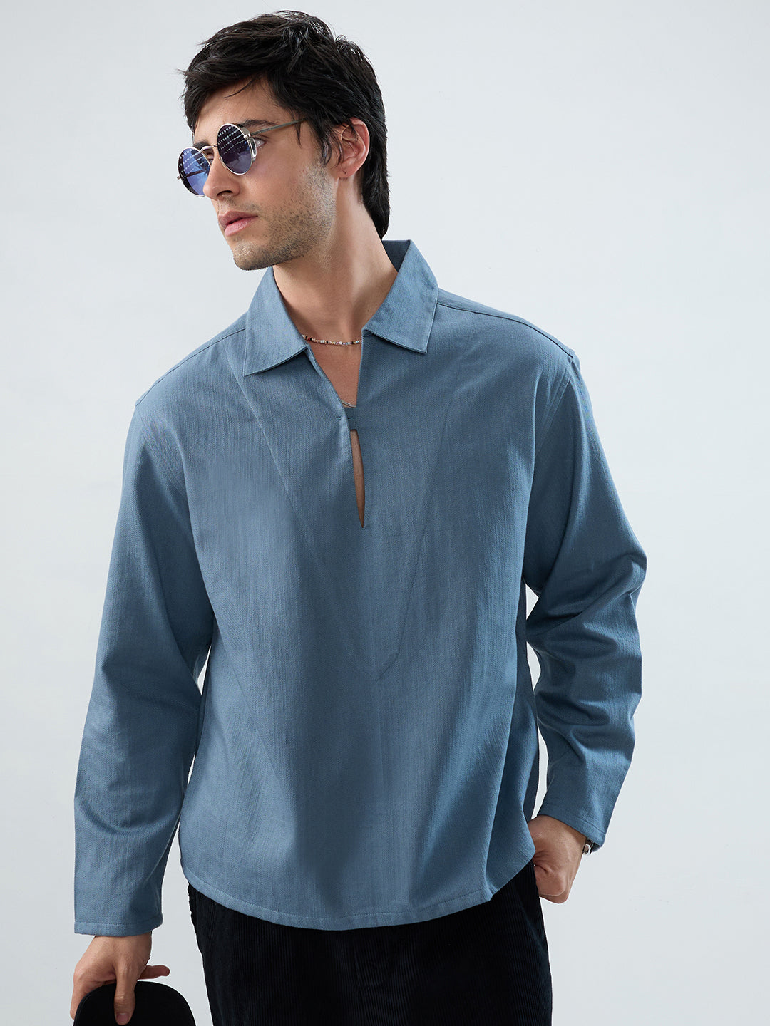 Slate Blue Cuffless Oversized Shirt