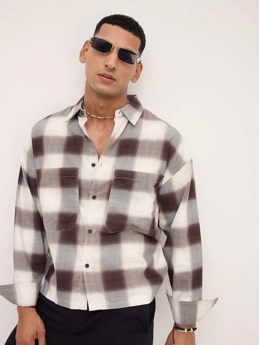 Brown & Grey Shadow Checks Boxy Fit Crop Utility Shirt